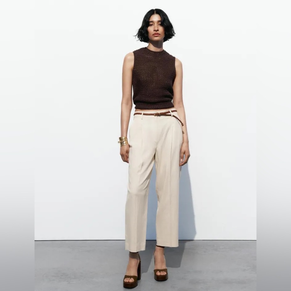 ZARA BRAIDED BELT LINEN BLEND STRAIGHT LEG PANTS